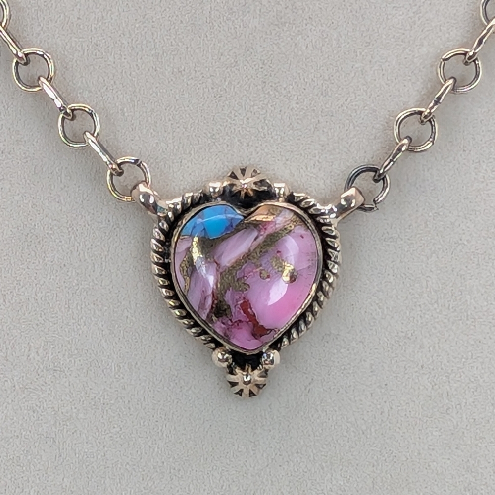 Pink Dahlia Turquoise Heart Necklace S925 Sterling Silver